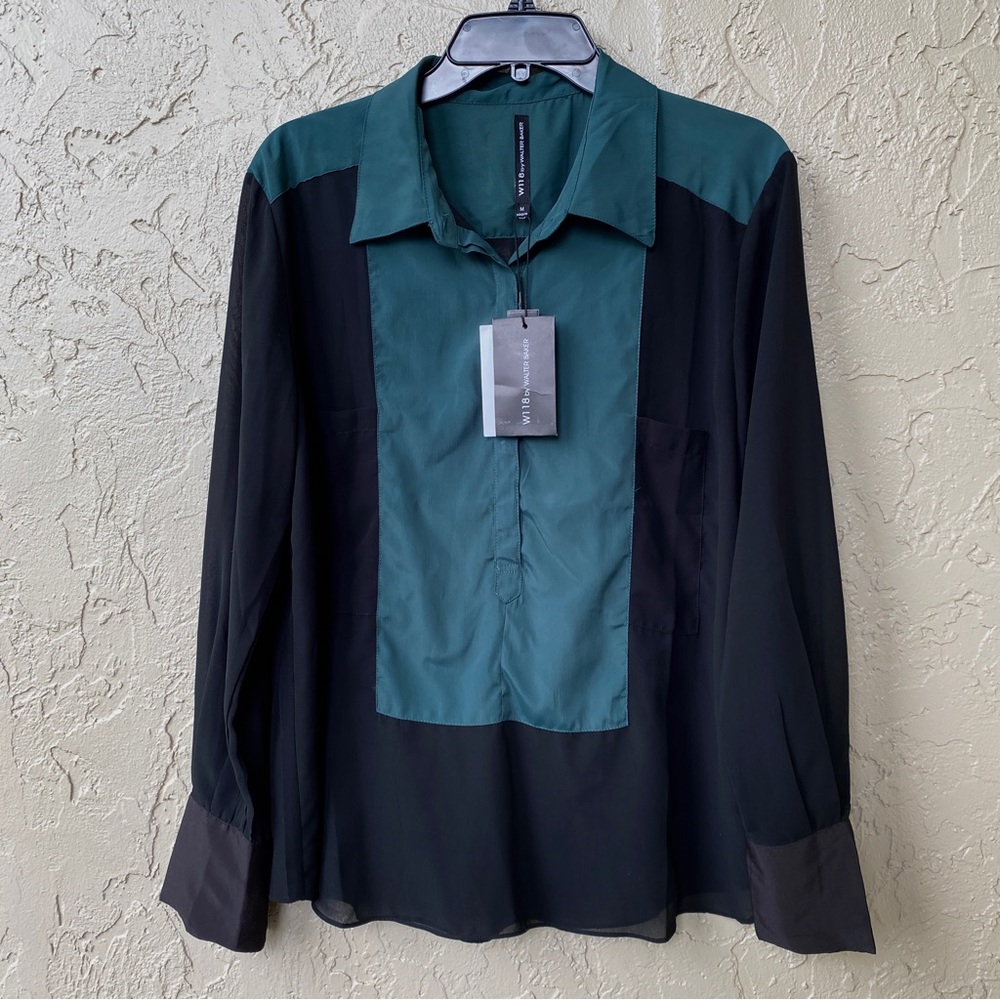 NEW W118 by Walter Baker Medium Sheer Color Block Blouse Black & Green